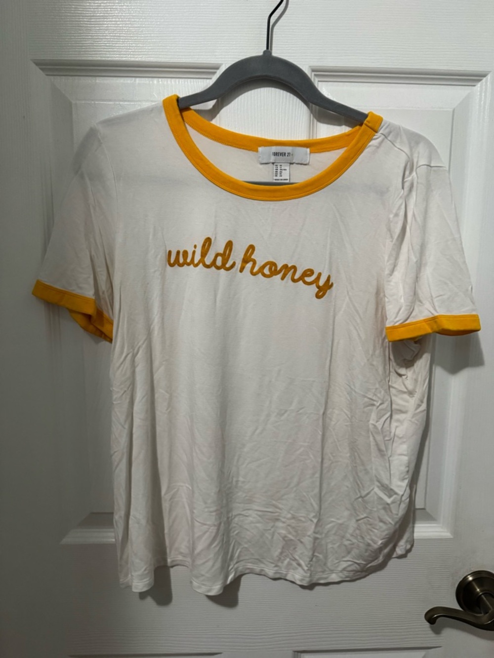 Forever 21 White Tee with Yellow Script and Trim